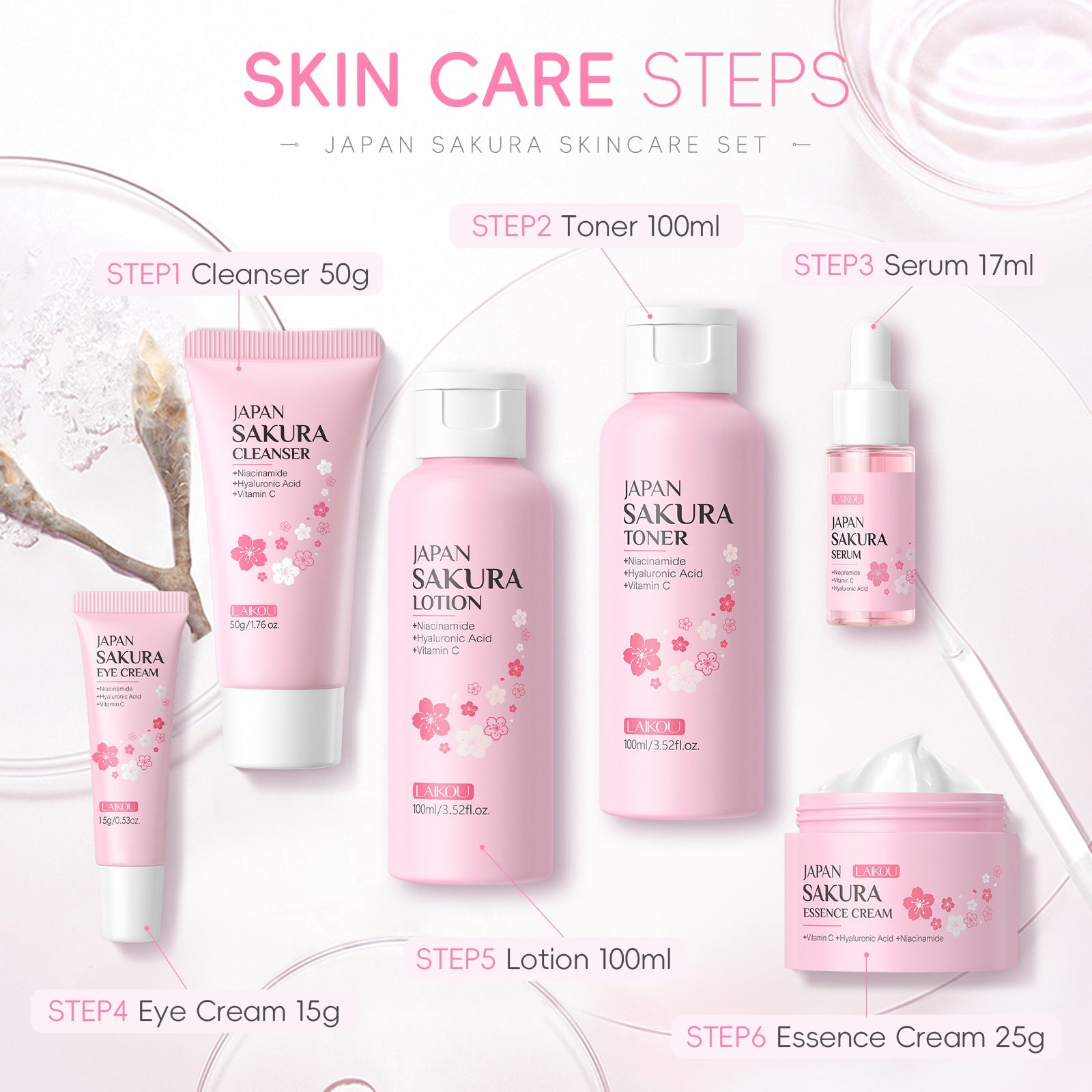 LAIKOU skincare set 6-piece set: cleansing toner, lotion, essence, eye cream, essence, cream, skincare products selling well across borders